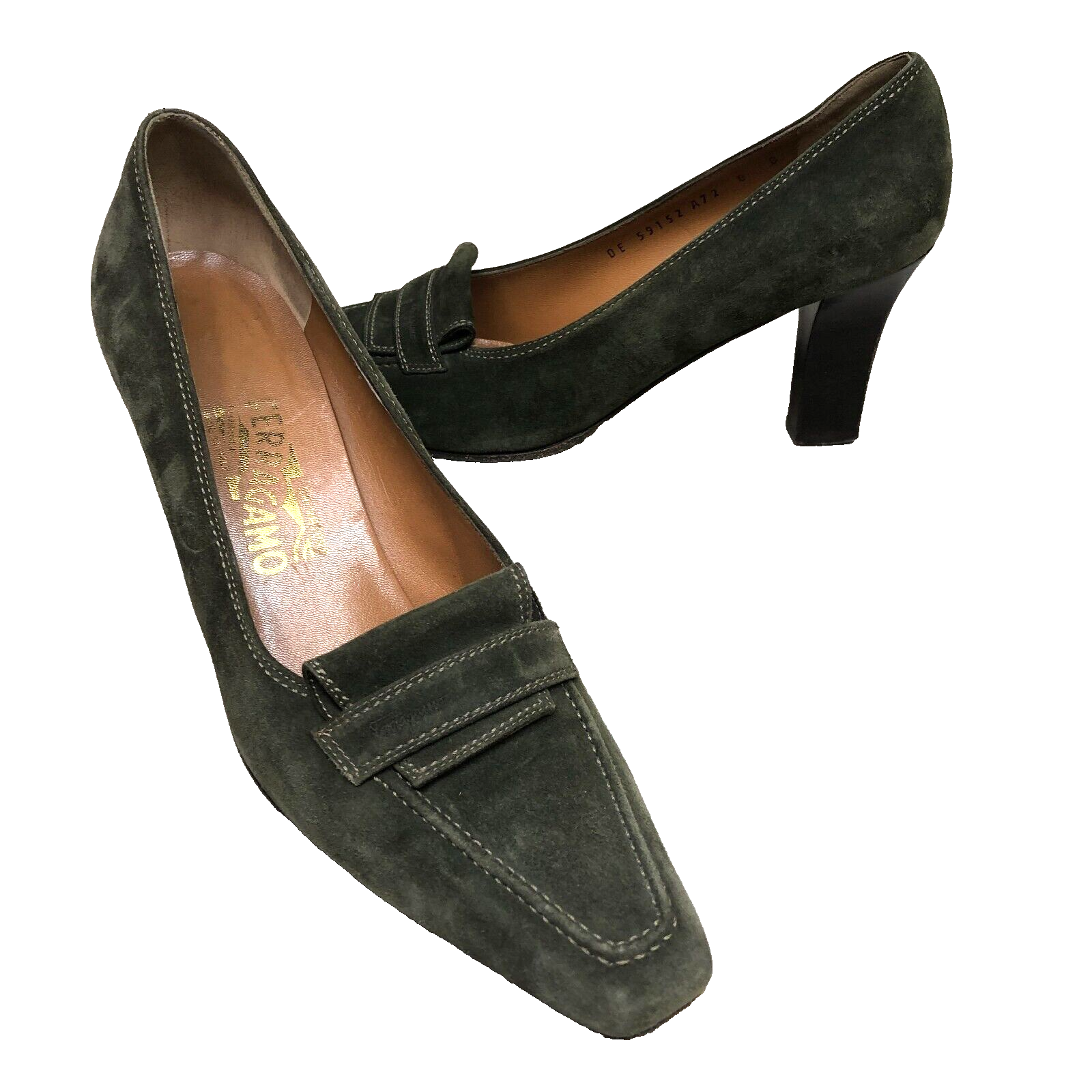 SALVATORE FERRAGAMO Olive Green Felt Pumps 3