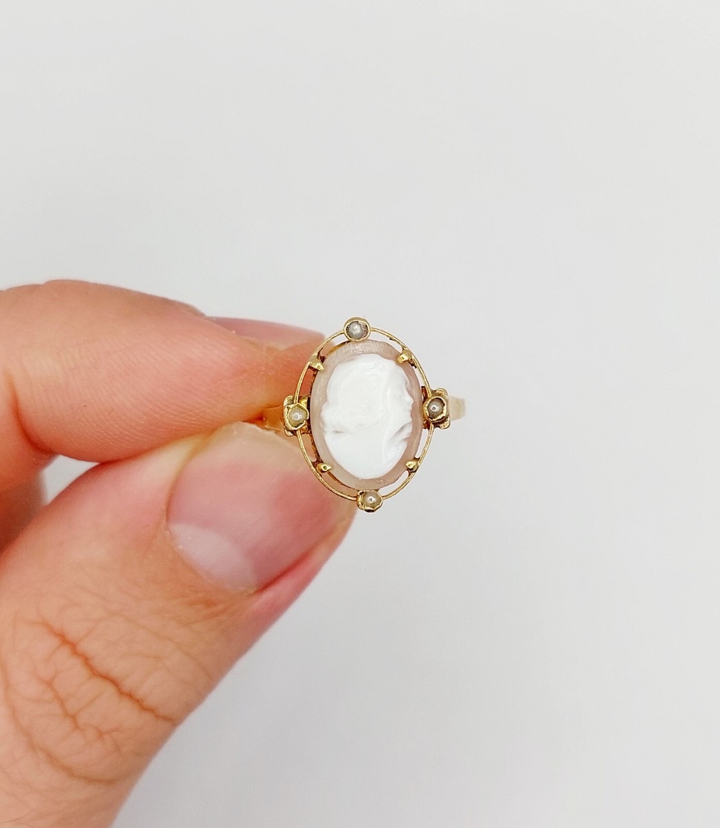Bague Ancienne Or 18k Camée Sur Coquille (années 1920) - Perles D’eau Douce, Taille 48, France