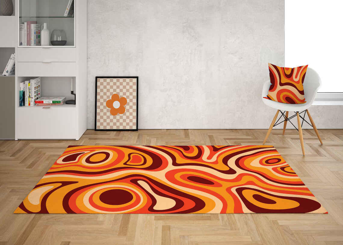 Orange Retro Swirl rug, Psychedelic Groovy 70s Rug, Wavy Trippy