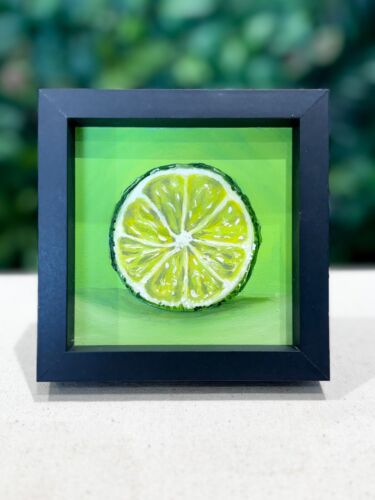 Lime  Oil painting- Realism Original Deep FRAMED Citrus Fruit Art Deco Sale - Picture 1 of 3