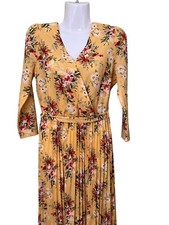 NEW Lark + Grey Yellow Floral Pleated Midi Dress  Small V-Neck Cottagecore