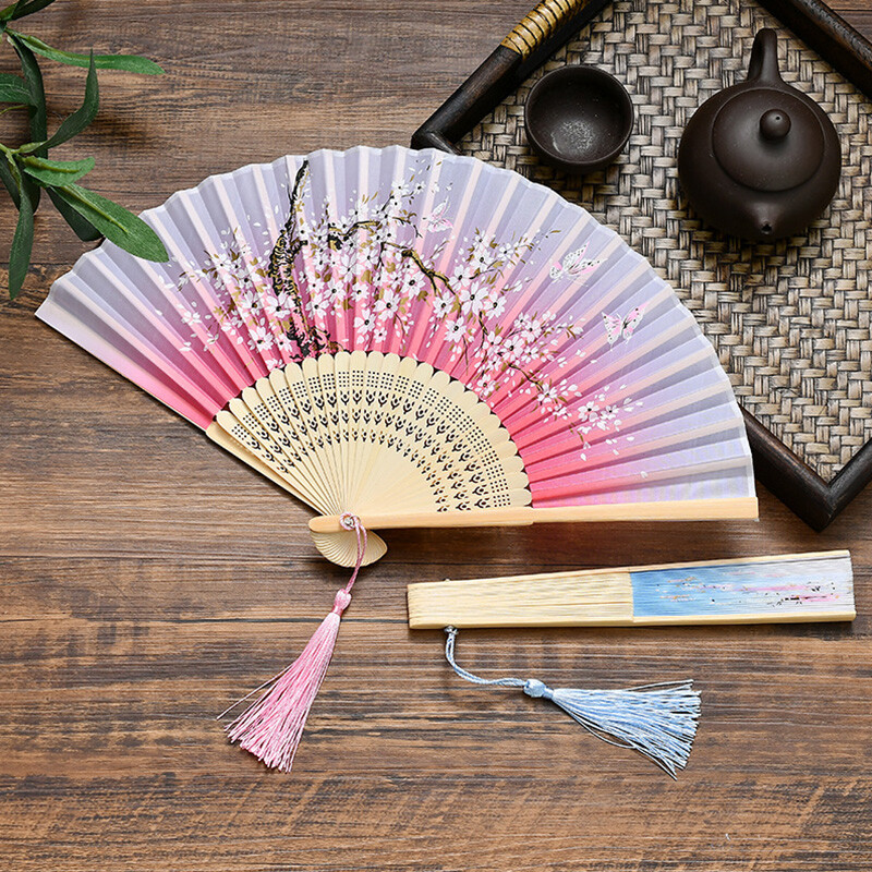 3 PCS Handheld Folding Fans Bamboo Silk Fabric Cloth Folding Fans