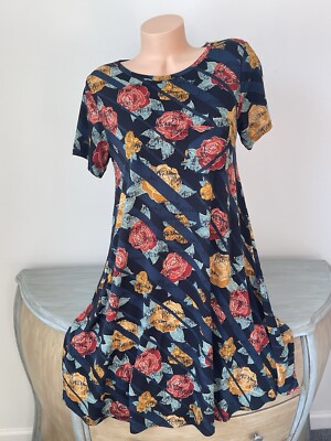 Lularoe Carly T Shirt Dress S Gold Hilo Stretch Fall Roses Navy blue Comfort