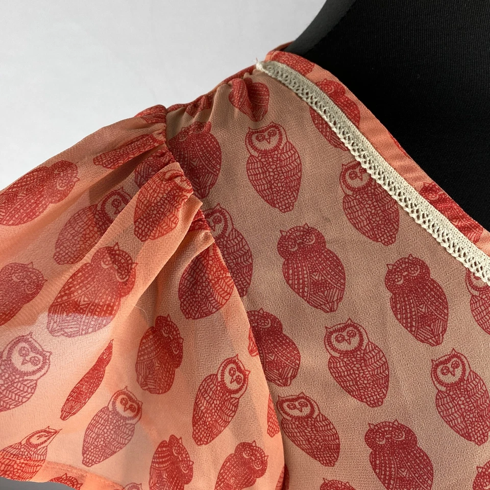 Maison Jules Top Womens Semi Sheer Allover Owl Print Lace Trim Flutter Sleeve M - Image 4 of 4