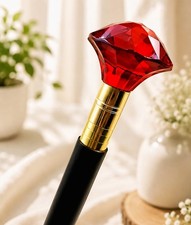 Handmade Wooden Walking Stick : Red Crystal Diamond Style Handle, Foldable Cane