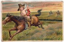 GERMAN ANTIQUE VALENTINE Postcard CUPID RIDING ON GALLOPING HORSE
