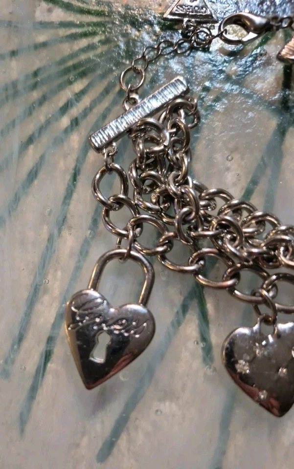 Guess браслет с брелоками 7-8» со стразами сердце замок ключ серебристого тона мульти прядь винтажный - Изображение 3 из 4