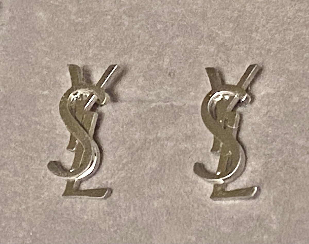 YSL Logo Stud Earrings Silver Plated Women