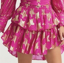 LOVESHACKFANCY Sz SM Ruffle Tiered Mini Party Skirt Berry PINK Gold Foil Stars