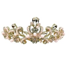 Clear Pink Bead Rhinestone Soft Gold Tone Metal Tiara Crown NEW