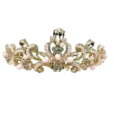 Clear Pink Bead Rhinestone Soft Gold Tone Metal Tiara Crown NEW