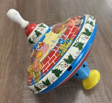 Vintage Ohio Art Large Tin Boys  Girls Litho Spinning Top Toy Wood Handle Works