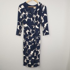 Phase Eight Dress Womens UK 10 Navy Abstract Wrap Ruched Stretch Midi Smart
