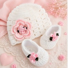 Handmade Crochet Baby Set Hat Beanie Booties Gift Hand Knitted Set Baby Shower