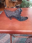 BLACK FENTON DAISY AND BUTTON GLASS SLIPPER. 1746