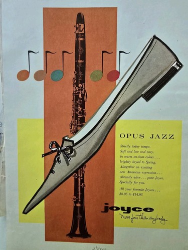 1959 Women's Joyce Opus Jazz Shoes vintage fashion clarinet instrument Art Ad