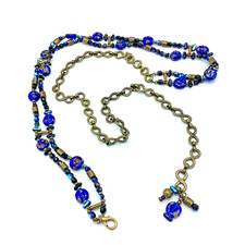 Chico s Designer Blue Black Beads on Bronze Chain Belt 47 L