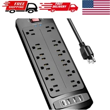 Elegant 12-Outlet Power Strip with 4 USB Ports - 2700 Joules Surge Protection