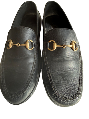 Gucci Black Leather Loafers Gold Horsebit Driving Shoes GUCCI 322741 Black Leather Driver Horsebit Web Men main image 3