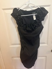 XSCAPE Black Satin Ruffle Cocktail Dress Short Sleeve Knee Length 10