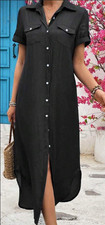 Women Denim Look Shirt Dress Longline Button Up Casual Summer Midi Dress