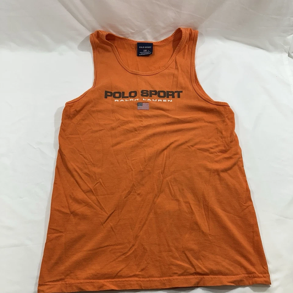 Camiseta sin mangas vintage Polo Sport Ralph Lauren naranja logotipo americano para hombre talla pequeña Foto 2 de 4