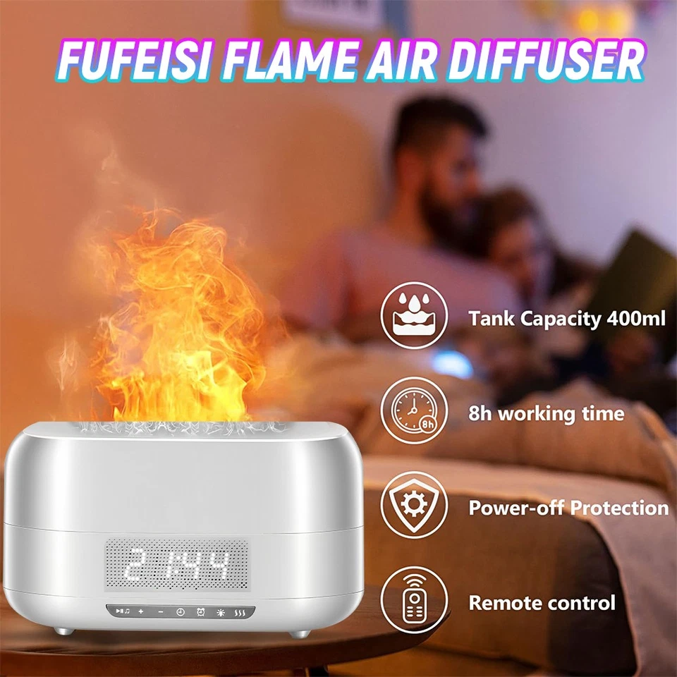 400ml Aroma Diffuser Humidifier Bluetooth Speaker Clock Alarm 7Color Light Flame - Image 4 of 4