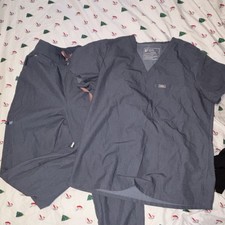 FIGS Women's Denim Grey/Blue Solid Medical Scrub Set Uniform Top  Pants Set