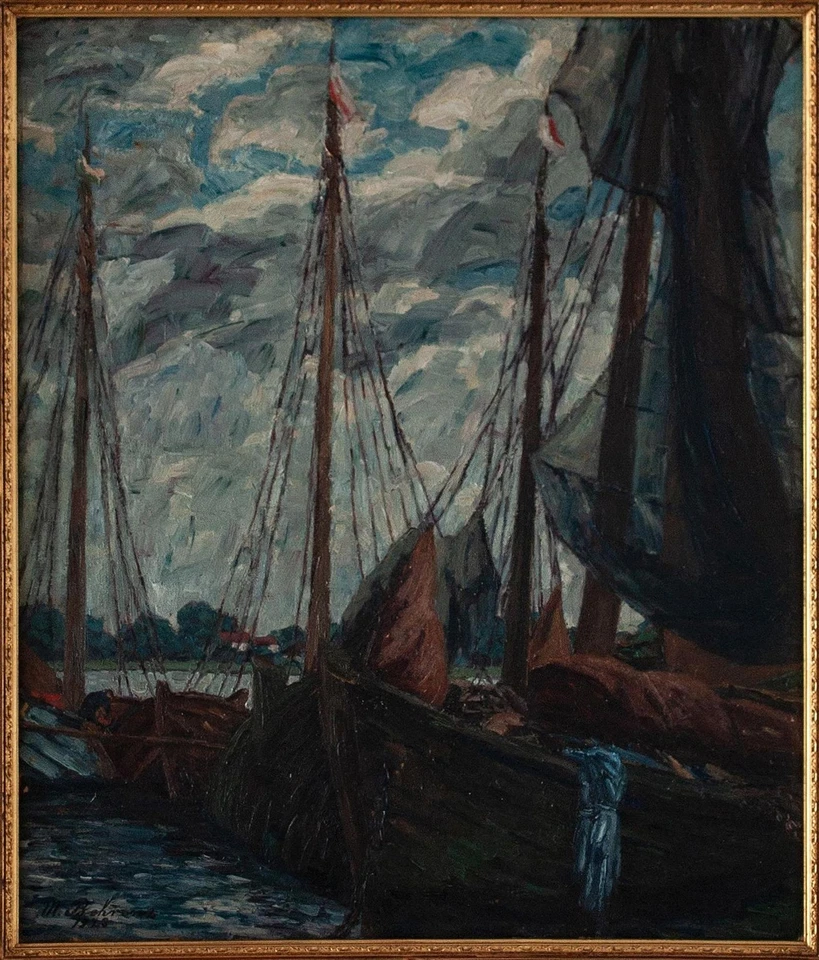 Marie Margarete Behrens Rostock Segelboote Hafen sign gerahmt Öl Malpappe 1923 - Bild 3 von 3