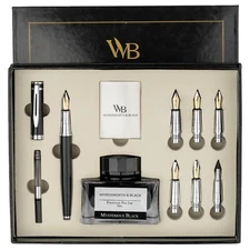 Calligraphy Pen Gift Set, Ink Bottle, 6 Inks, Converter, 6 Nibs - Black Chrome