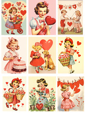 Handmade Set of 9 Vintage Retro Valentine Kids STICKERS - Just Cut  Use 
