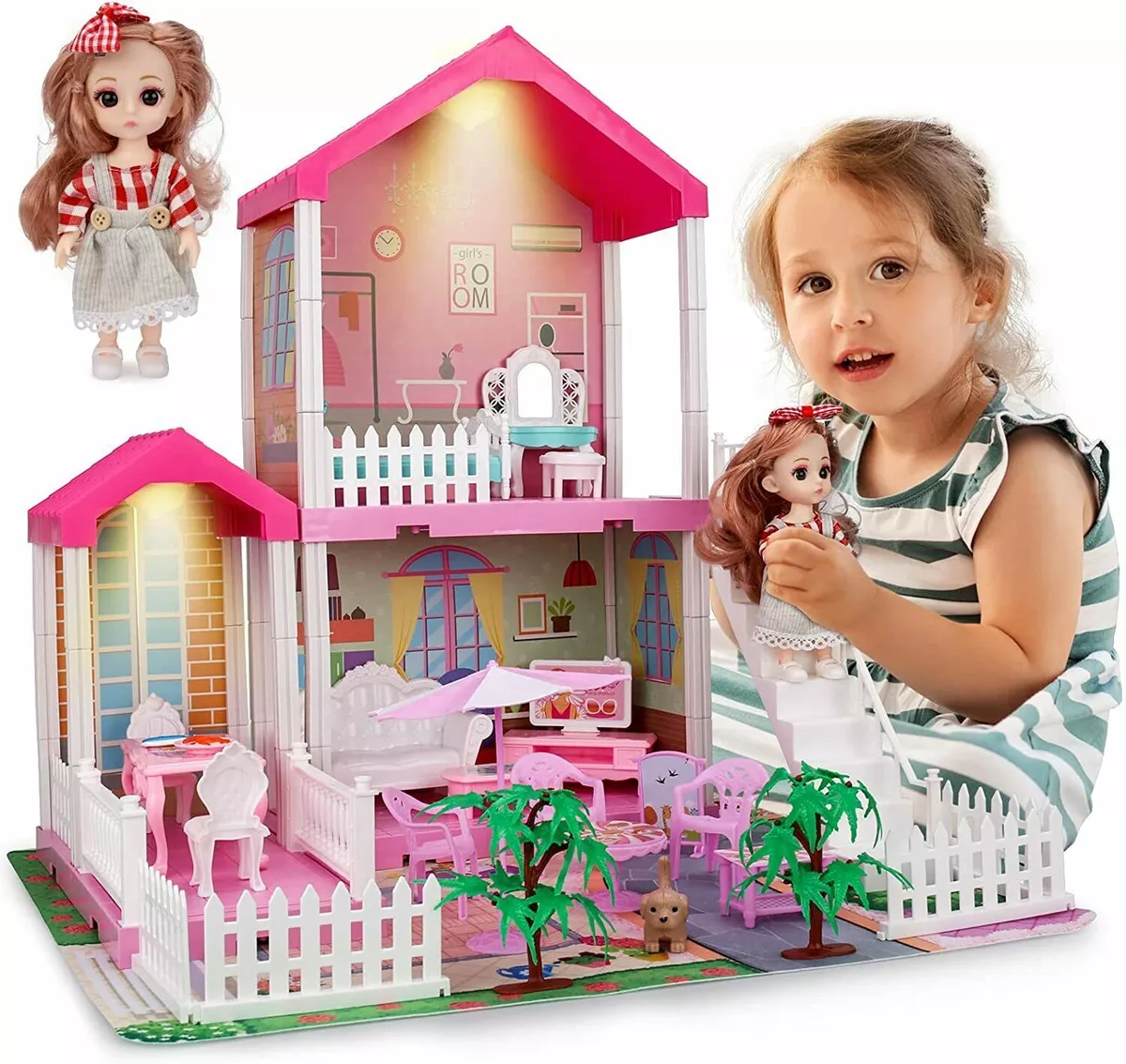 Dollhouse Girls Dreamhouse Pretend Play Set, 5 Rooms Dollhouse with Doll  Toy Figure, Furniture and Accessories, Play House Gift Toys for Kids Girls  Ages 3 & Up 