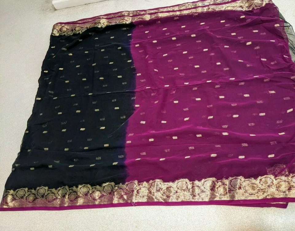 Indian Black saree with rani pink pallu. Comes with stitched blouse &Pico - Image 3 of 4