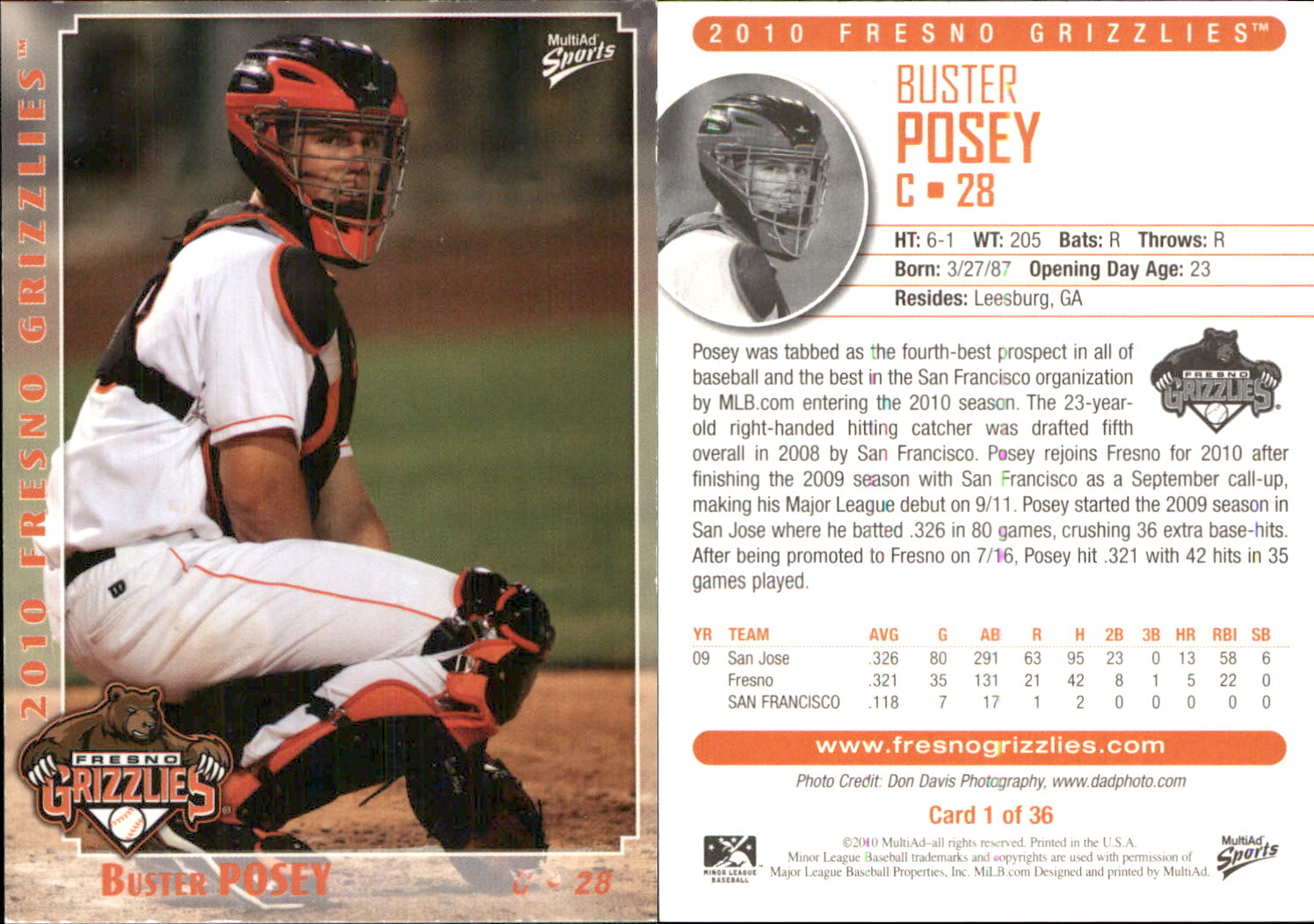 Buster Posey 2010 MultiAd Fresno Grizzlies 1 RC Card San Francisco