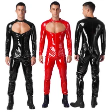 Mens Bodysuit Cut Out Catsuit Patent Leather Jumpsuit Clubwear Unitard Party