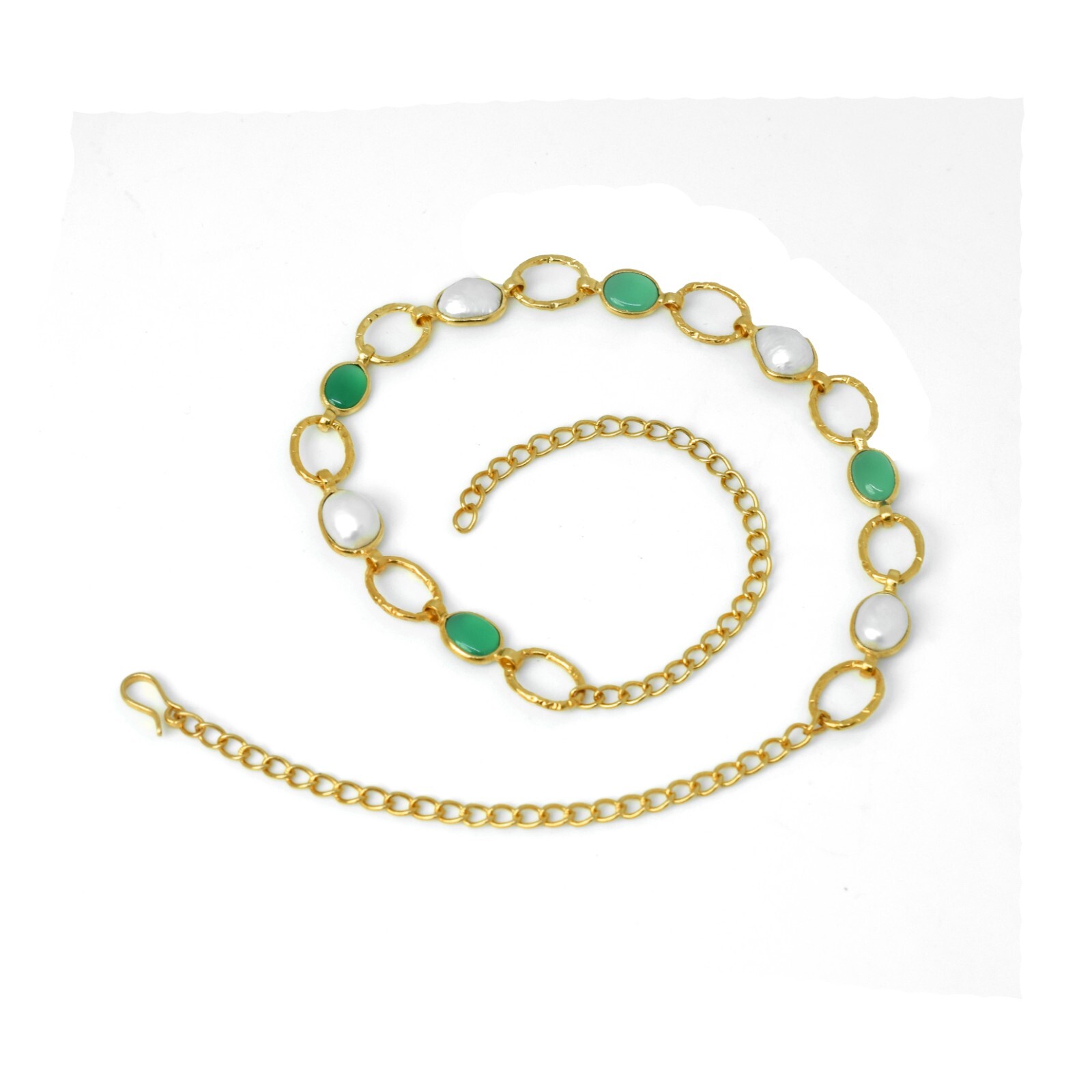 Elegant Gold Necklace with Freshwater Pearls and Green Onyx for Women's Wedding or Engagement