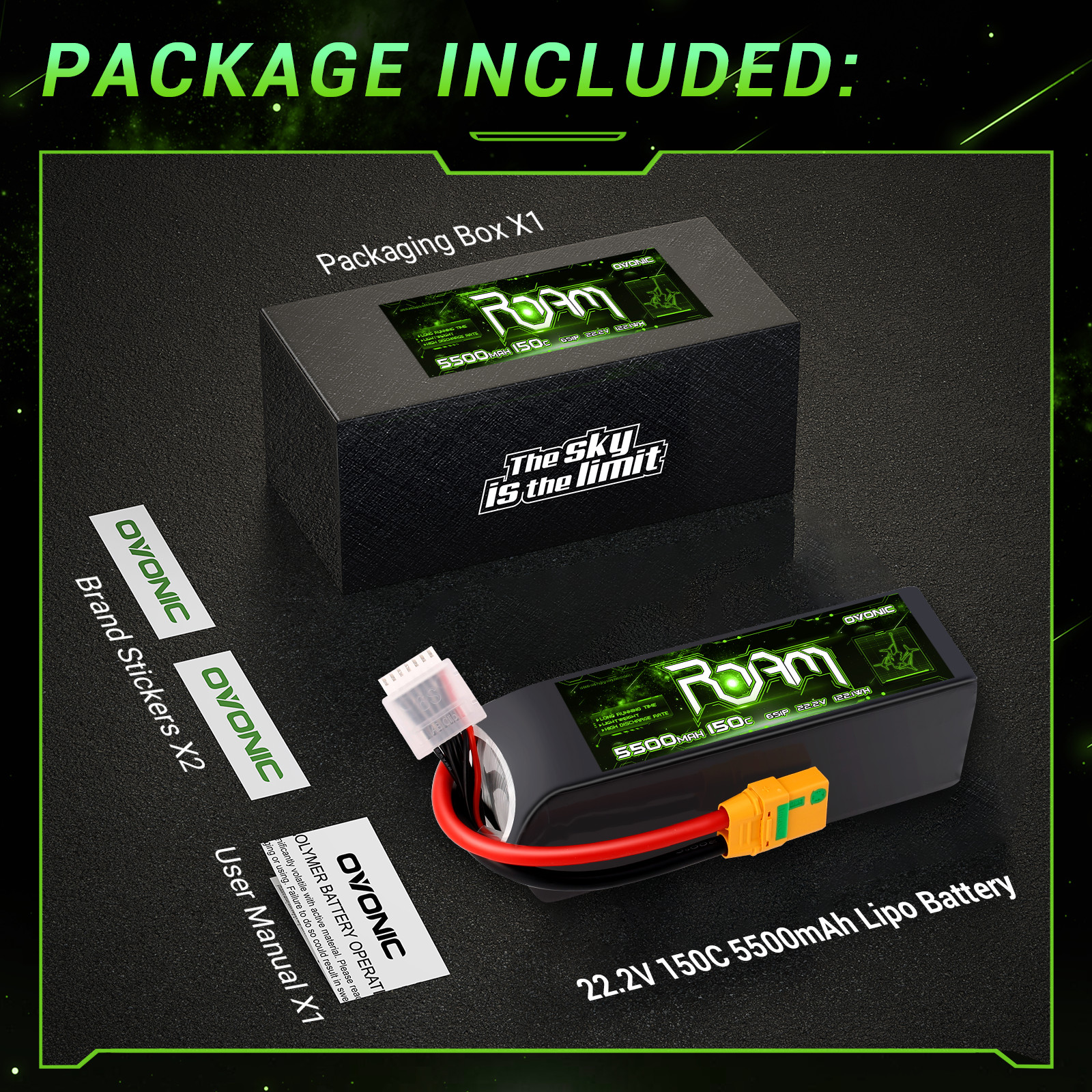 Ovonic 22.2V 150C 5500mAh 6S Lipo Battery XT9-S for RC Drone FPV Heli Jet RC Car