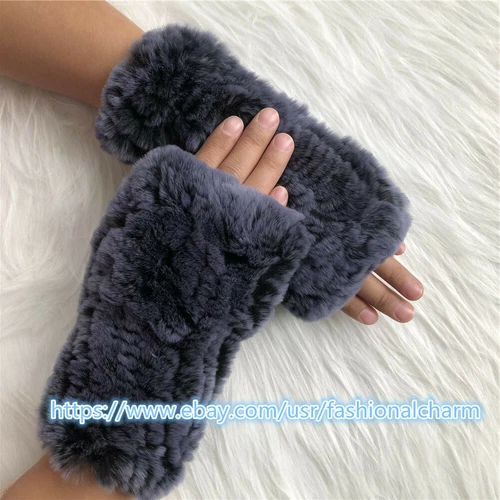 Womens Winter Real Rabbit Fur Gloves Knitted Stretch Fingerless Mitten Gloves - Picture 47 of 102