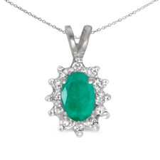 14k White Gold Oval Emerald And Diamond Pendant with 18" Chain