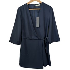 Halston Heritage Navy Faux Wrap Cocktail Dress Size 4 NWT V-Neck Flared Sleeve