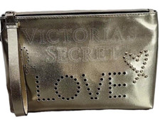 Victoria  s Secret LOVE Perforated Beauty Cosmetics Makeup Bag Gold Hearts