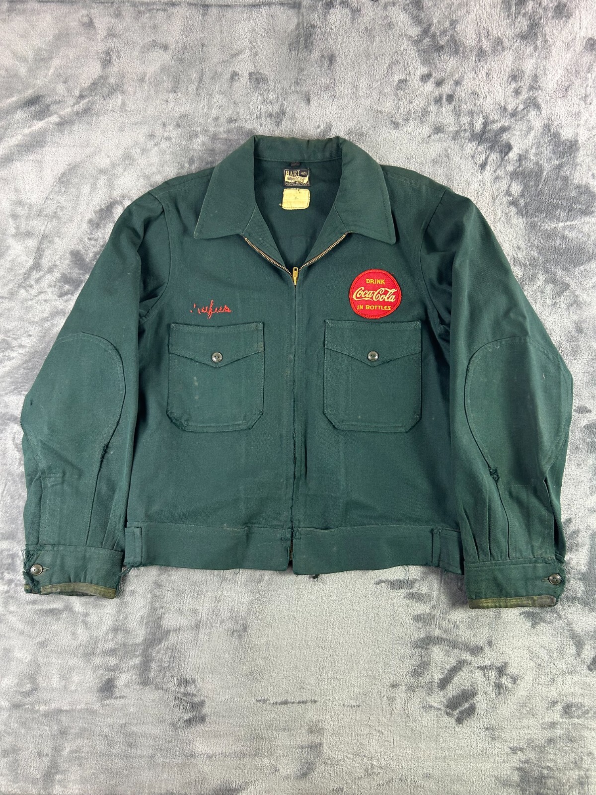 Vintage 50s Coca-Cola Work Jacket Green Distressed Zip Union Made Hart 42L