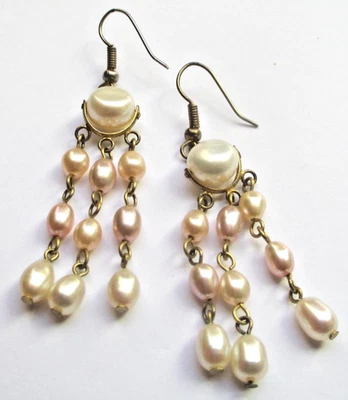boucles d'oreilles percées perles baroques rose blanc nacré bijou vintage 5899 - Photo 1/2