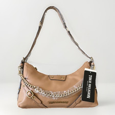 True Religion Beige Logo Shoulder Bag Zip Closure Chain Strap Gold Hardware