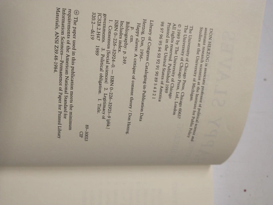 Happy Slaves A Critique of Consent Theory by Don Herzog 1989 hardback ex-library - Image 3 of 4