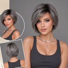 Women Short Grey Bob Wig with Side Bangs Layered Synthetic Hair Daily Use