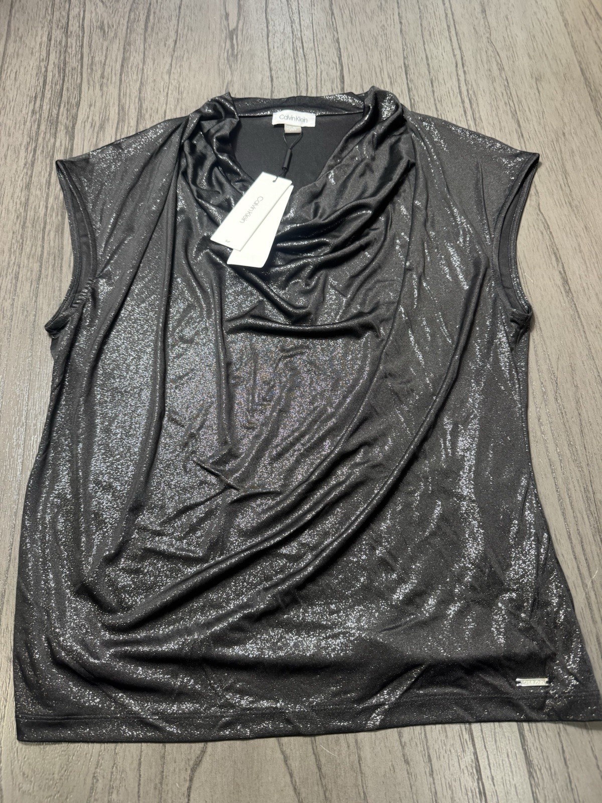 Calvin Klein Women's Black Shimmer Cowl Neck Top, Size Large