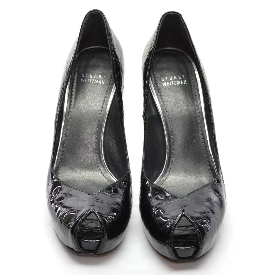 Womens Stuart Weitzman Victoria Croc Peep Toe Pump 9.5 M Black Patent Heel Shoes - Image 3 of 4