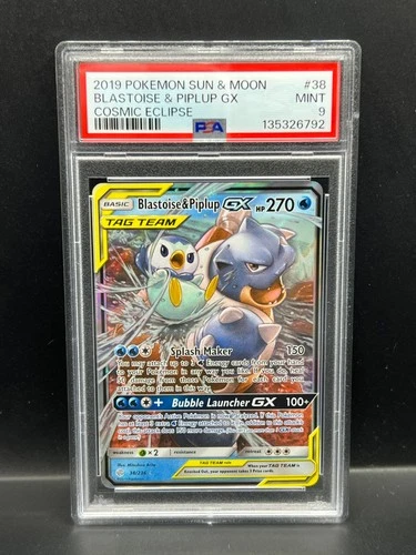 Pokemon PSA 9 MINT Blastoise & Piplup GX 38/236 Cosmic Eclipse Holo 2019 S#6792