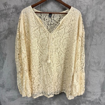 Shein Womens Fairy Lace Tassel Top 4X Ivory Floral Boho Cottage Coquette Romance